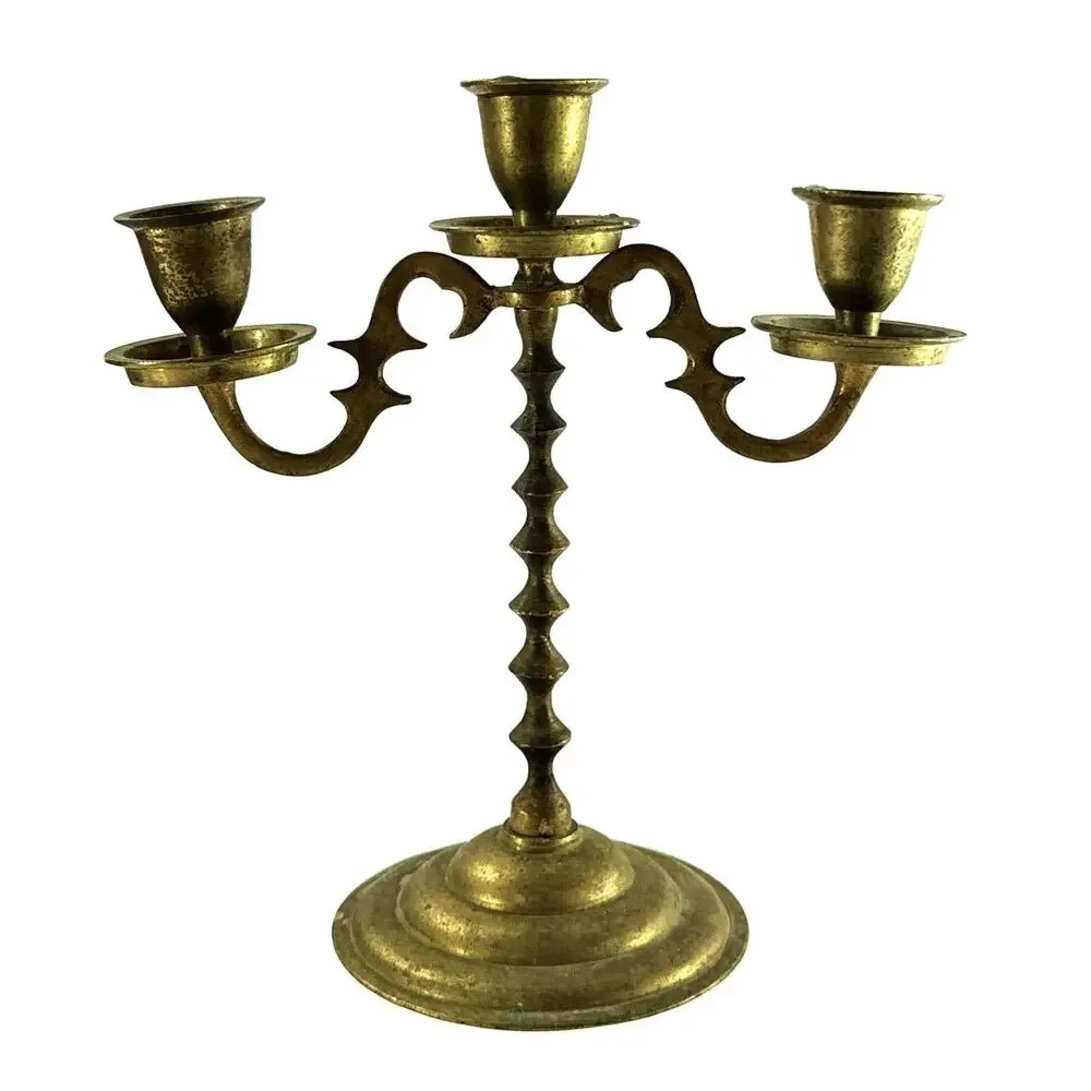 Vintage Brass 3 Arm Candelabra Candlestick Holder Gothic Spanish Colonial 7.5”